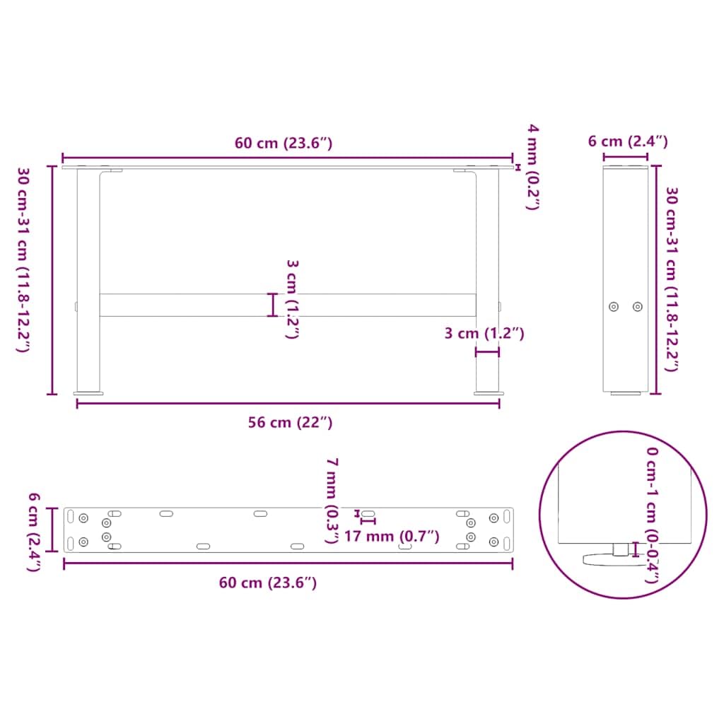 Nogi stolika kawowego, białe, 2 sztuki, 60 x (30-31) cm, stal malowana proszkowo, z regulowanymi nóżkami poziomującymi i śrubami do montażu, stabilny stelaż stołu do stolika kawowego i stolika