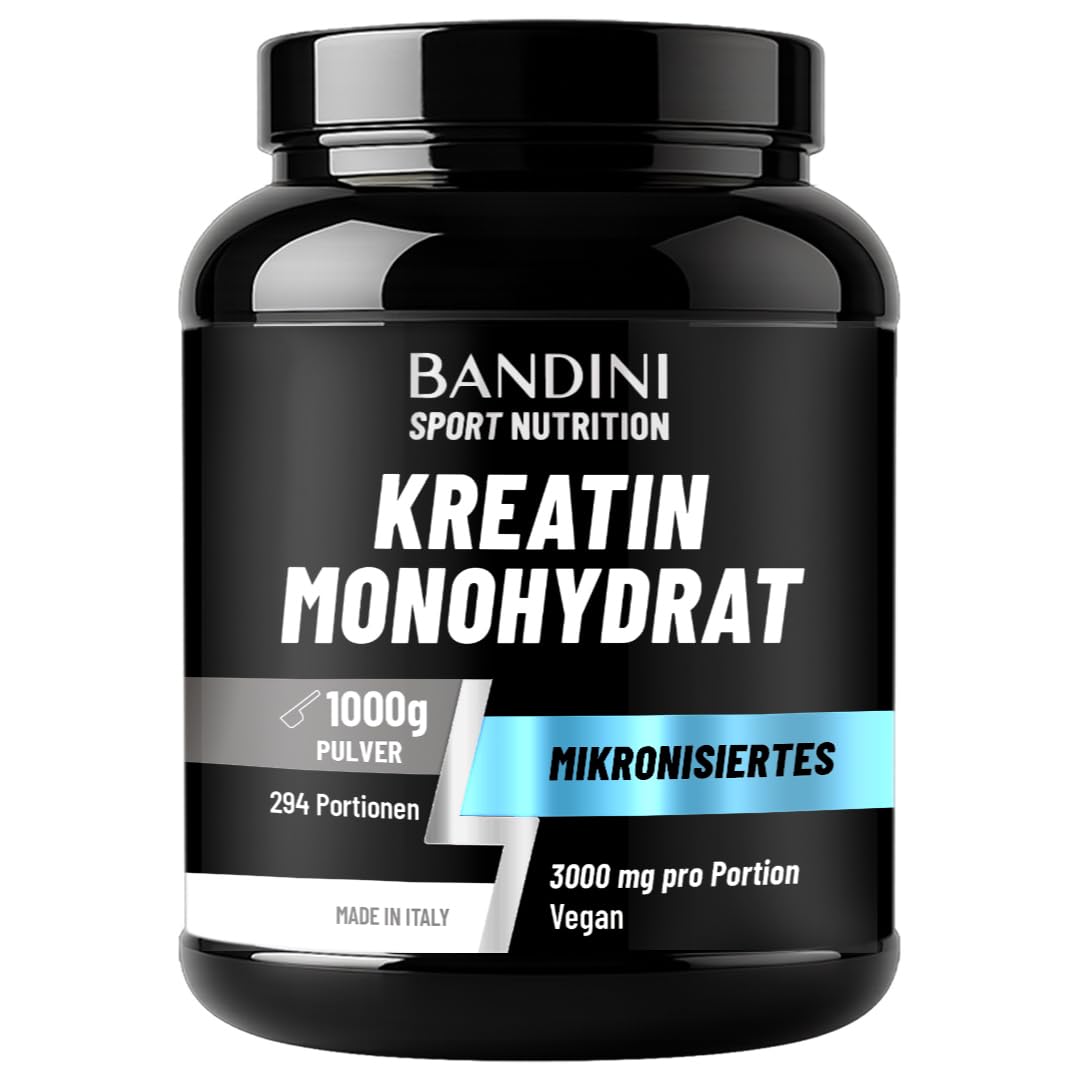 Bandini® Creatin Monohydrat Pulver | 1kg/1000 g - 294 Dosen | 3000mg Ultra reines mikronisiertes Kreatin je Dosis | Mikrofein, löslich, geschmacklos | Mesh Faktor 200 | 100% Vegan Kreatinmonohydrat