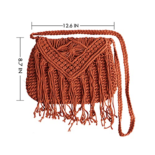 Womens Cotton Crochet Fringe Crossbody Shoulder Bag Bohemian Summer Beach Purse Handwoven Straw Bag (Reddish Orange)4