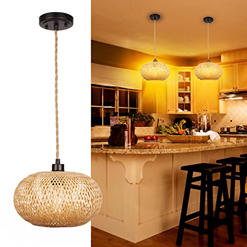 Modern Hand Woven Bamboo Pendant Light, Natural Bamboo Chandeliers Domed Shape Woven Light 1 Light Hanging Light For Kitchen Island, Living Room, Dining Room, Bedroom #TOP1