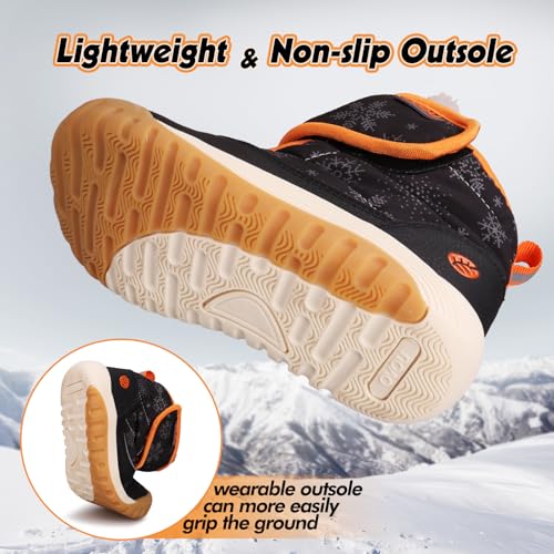 UOVO Kids Boys Winter Snow Boots Ankle Fleece Fur Lined Slip Resistant Outdoor Warm Shoes（12 Little Kids, Black Orange）4