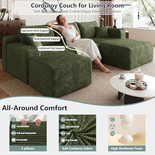 Image of 95 inch Modular Sectional Sofa with Ottoman, Modern Corduroy Cloud Couch with Deep Seat, Boneless Couch Upholstered 3-Seater U-Shaped Sofa for Living Room, No Assembly (Green,Right-Facing Chaise)