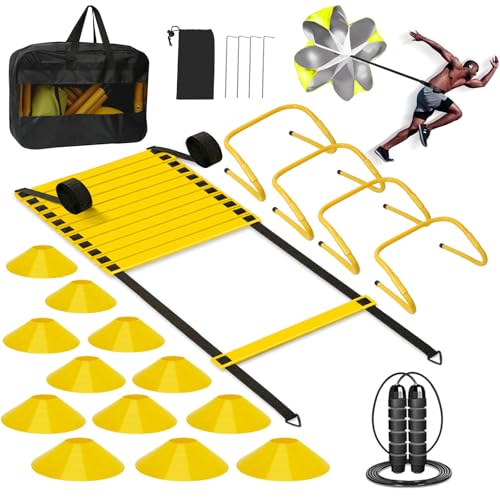 YGORTECH Agility Ladder Speed Training Equipment Set-20ft Agility Ladder,12 Soccer Cones,4 Hurdles, Jump Rope, Running Parachute, Football Soccer Basketball Training Equipment for Kids, Youth, Adults
