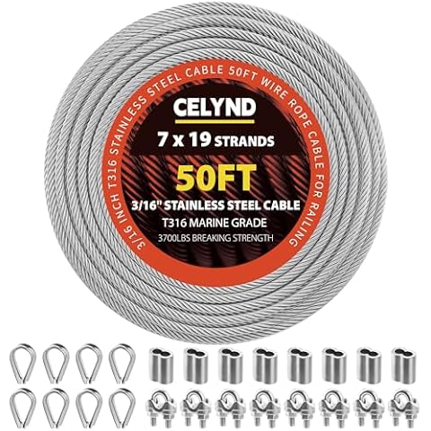 CELYND Stainless Steel Cable for Railing - 50FT 3/16" T316 Wire Rope - 7 x 19 Strands 3700 LBS Breaking Strength with Clamps Thimbles and Crimping Sleeves for Outdoor Deck Railing DIY Projects Cover