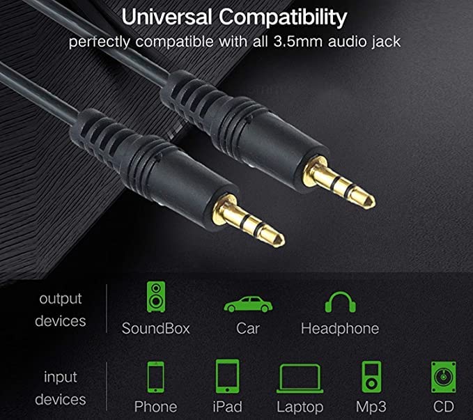 Image of Aux Cable, 3.5mm Male to Male Stereo Aux Cord Compatible with Headphone, MobilePhone, Car Stereo, Home Theatre & More,Black,1pc Pack. (1.5 METER)