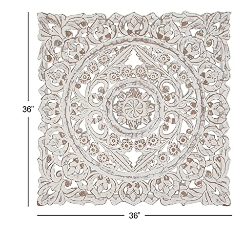 Deco 79 Wood Floral Handmade Intricately Carved Wall Decor With Mandala Design, 36" X 2" X 36", White #TOP2
