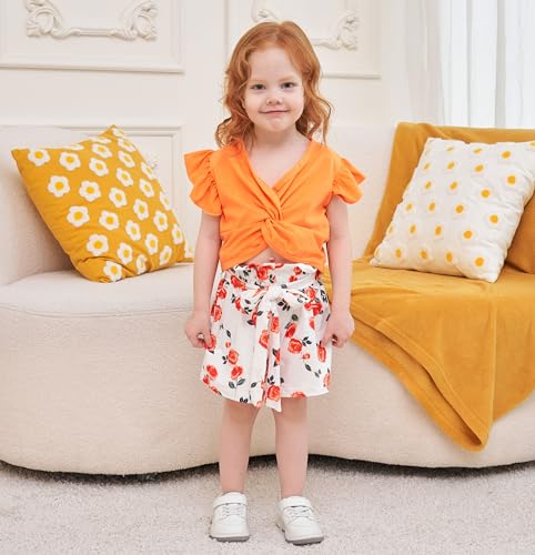 Image of Axumity Toddler Girl Clothes Outfits Tropical Print Short Sleeve Top + Floral Shorts 2PC Summer Clothing Set(7-8T)
