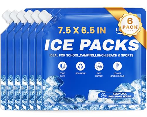 LINSIRON Ice Packs for Cooler 6Pcs 2025 Upgrades Freezer Lunch Boxes Reusable Coolers Shock Wheels Long Lasting Dry Pack Large Cold Blocks Accessories Cubes Slim Box Flat Camping Essentials 7.5x6.5 In