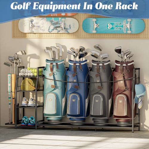 Golf-Bag-Storage-Organizer-for-4-Bags-with-Club-Holder-Storage-Shelves-Fits-4-Golf-Bags--Club-Holder-for-10-Clubs--Storage-Basket-3-Shelves--Golf-Garage-Organizer--Great-Golf-Gift