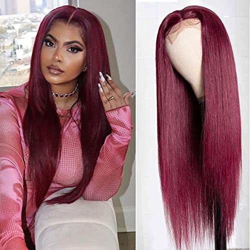 Burgundy Straight 99J T Part Lace Closure Human Hair Wigs for Black Women, 10A Brazilian Virgin Hair Silk Base Fake Scalp Wig Pre Plucked with Baby Hair 150% Density