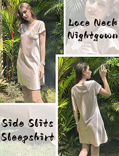 Ekouaer Women Satin Nightgown Silk Sleepwear Sexy Lace Chemise Short Sleeves V Neck Pj Dress Nightshirt(Champagne,Xl) #TOP4
