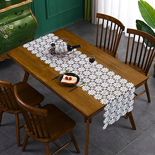 Chemin de table de Noël blanc en polyester avec dentelle creuse 40x310 cm