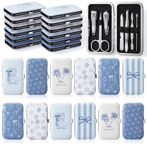 Chumia 12 Set Ocean Manicure Kits Bulk Coastal Beach Theme Party Favors | 7 in 1 Stainless Steel Nail Clipper Set, Nautical Bachelorette Birthday Seashell Party Favors for Guests, Girls Trip Stuffers