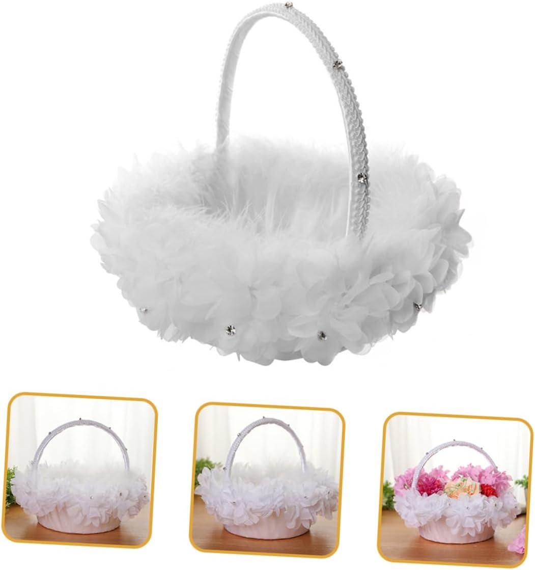 Wedding Flower Girl Basket with Lace White Flowers, Wedding Confetti Basket with Handle for Ceremony Party Supplies,