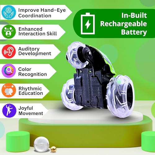 Image of Gooyo GY-0242 Rechargeable Stunt Car Toy for Kids with Tornado Rotation, Reverse Drive Function, Demo Mode, Lighting Effect & Music | Remote & USB Included | Power Source: in-Built Battery | Green