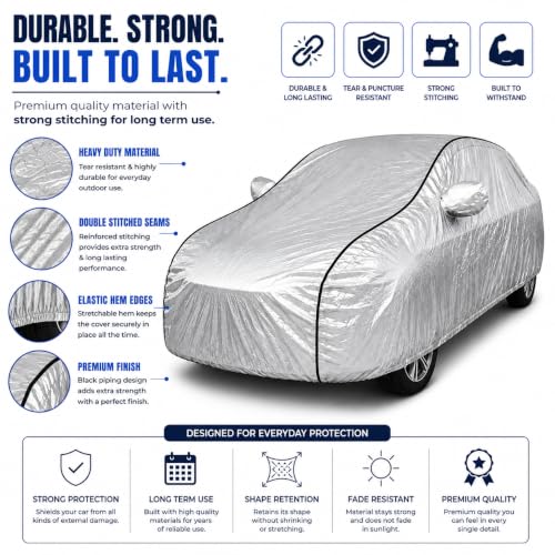 Image of BORDAN Sonet Heavy Duty Car Cover Waterproof | 6-Layer Full Body Protection with Soft Cotton Inner Lining | UV, Rain, Heat, Dust & Scratch Resistant | Custom Fit with Mirror Pockets | Silver