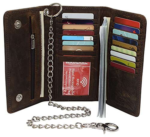 MARSHAL Men's RFID Signal Blocking Biker's Vintage Leather Long Tri-fold Silver Chain Checkbook Card ID Wallet (Brown)2