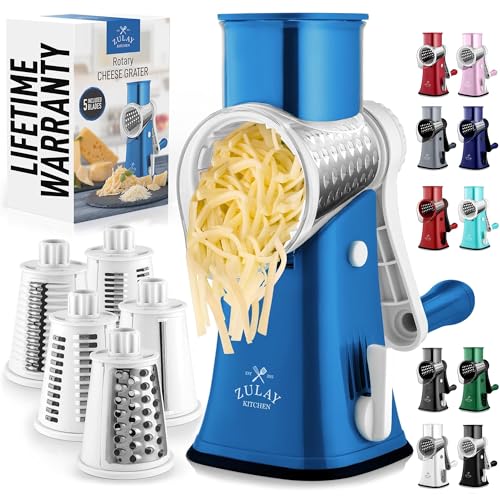 Zulay Rotary Cheese Grater 5 Blade Cheese Shredder - Manual Hand Crank Cheese Grater With Reinforced Suction & 5 Interchangeable Drums - Easy to Use Vegetable Chopper - Heavenly Blue