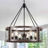 Farmhouse Drum Chandelier for Dining Room, 22" Rustic Black Chandelier with Wood Grain Finish, 6-Light Round Cage Hanging Chandelier Light Fixture for Entryway, Foyer, Living Room, Kitchen, Bedroom