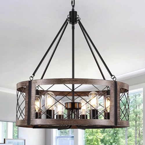 Farmhouse Drum Chandelier for Dining Room, 22" Rustic Black Chandelier with Wood Grain Finish, 6-Light Round Cage Hanging Chandelier Light Fixture for Entryway, Foyer, Living Room, Kitchen, Bedroom