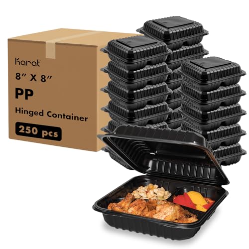 Karat Clamshell Take Out Food Containers [8"x8" - 250 ct] 3-Compartment, Durable, Microwavable, Stackable, Crack-Resistant To Go Boxes | Black