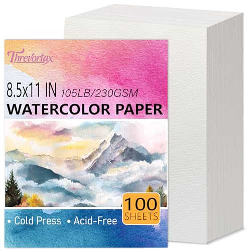 Threvortax 100 PCS Watercolor Paper 8.5x11 Inch 105LB/230GSM Cold Press Water Color Paper for Students and Beginners, Acid-Free Heavyweight Art Sheets for Painting, Printing, Scanning & Crafting
