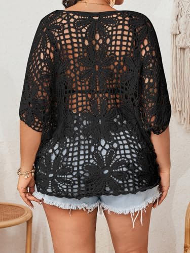 Image of BEAUDRM Women's Plus Size Floral Crochet Tops Hollow Out Boat Neck Sweaters Dolman Sleeve Oversized Knit Top