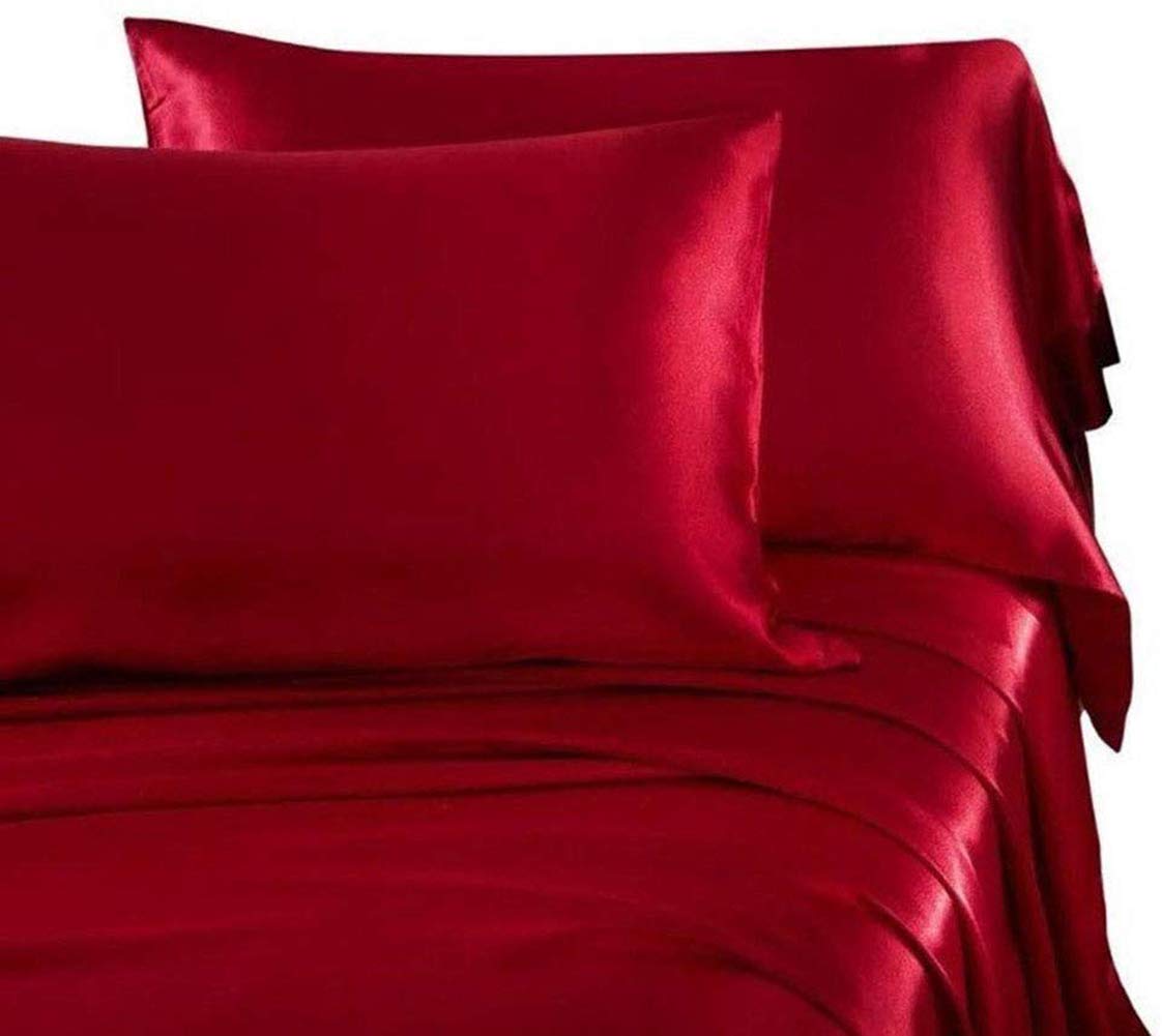 Set di Biancheria da Letto Matrimoniale in Raso, Lenzuola matrimoniali, Lenzuolo con Gli Angoli e 2 federe, Queen Taglia (Rosso, Queen Size