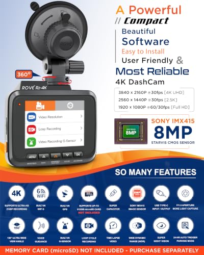 Image of ROVE R2-4K Dash Cam, 4K UHD 2160P Car Camera with 8MP CMOS Sensor, Built-in WiFi 6 and GPS, Dash Camera For Cars with 2.4 inch Screen, Super Night Vision, 150 inch Wide Angle, Parking Mode, Supports 512GB Max
