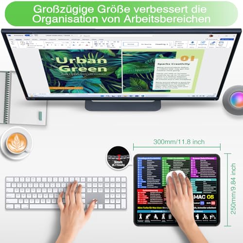 Mauspad 300 x 250 x 3 mm, Mousepad mit MAC Tastaturkürzeln Deutsch für Office, Mouse Pad Klein, Anti Rutsch für Büro und Zuhause