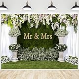 CRTPOD Wedding Backdrop Mr and Mrs White Curtain Floral Grass Wall Stone Planter Background Photography Banner for Bridal Shower Anniersary Party Decorations Photo Studio Photobooth Props 7x5ft