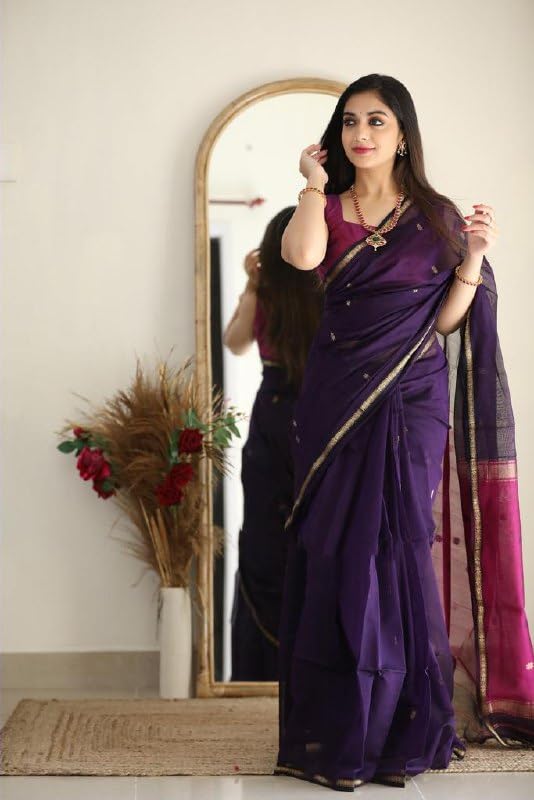 Image of Flosive inchRoyal Purple Banarasi Cotton Blend Saree for Women with Rich Zari Border and Traditional Floral Weaving Design inch