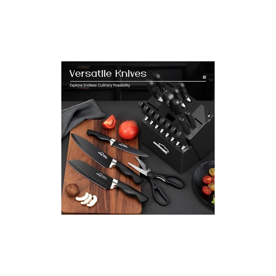 Knife Set, Amorston 21 Pieces Kitchen Knife Set with Block and Sharpener, Ultra-Sharp Knives Set with Ergonomic Handles, Black German Stainless Steel Knife Block Set, Dishwasher Safe