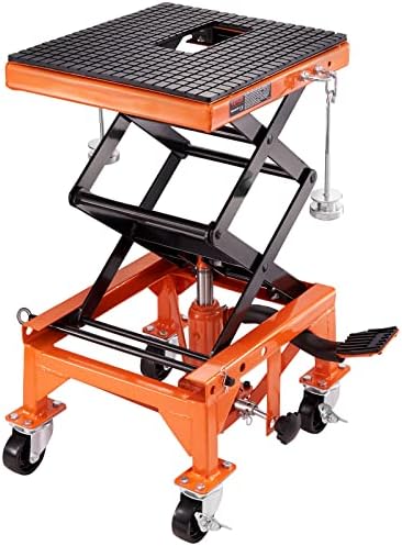 VEVOR Hydraulic Motorcycle Lift Table, 350 lbs Capacity Motorcycle Scissor Jack Lift with Wide Deck, J-Hooks, 4 Wheels, Hydraulic Foot-Operated Jack Stand for ATV Dirt Bikes