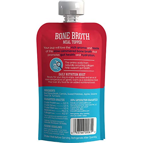 Image of Solid Gold Beef Bone Broth for Dogs - Limited Ingredient Bone Broth Dog Food Toppers for Picky Eaters with Collagen & Superfoods - Dog Gravy Topper for Dry Food - Gut Health & Hydration - 12 Pack