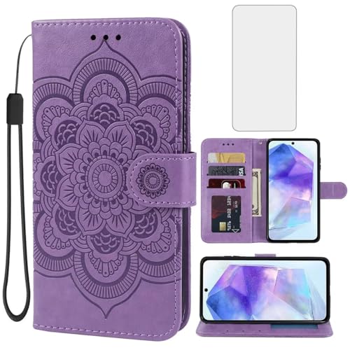 Housse Samsung Galaxy A55 en cuir gravé mandala avec verre de protection premium
