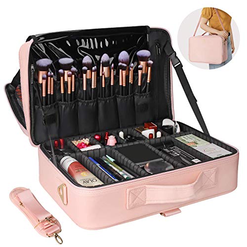 Relavel Makeup Case Large Makeup Bag Professional Train Case 16.5 Inches Travel Cosmetic Organizer Brush Holder Waterproof Makeup Artist Storage Box, 3 Layer Large With Adjustable Strap (Pink) #TOP1
