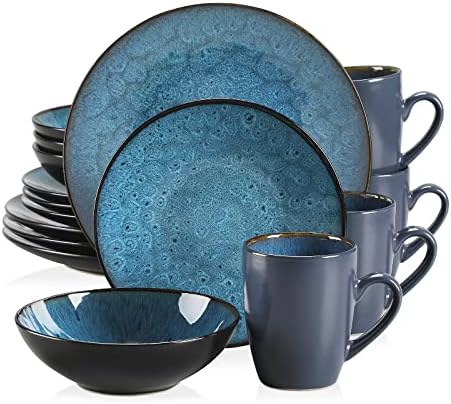 vancasso Starry Blue Dinner Set, Reactive Glaze Dinnerware Tableware, 16-Piece Dinner Service with 11in Dinner Plate, 8in Dessert Plate, 7in Bowl and 330ml Mug, Service for 4