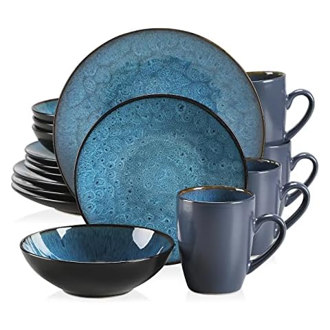 Tafelservice Steinzeug, vancasso 16 teiliges BUBBLE Kombiservice Set aus Steingut, Geschirrset im Vintage Aussehen, Beinhaltet Müslischalen, Kaffeetassen, Dessertteller und Speiseteller für 4 Personen Cover