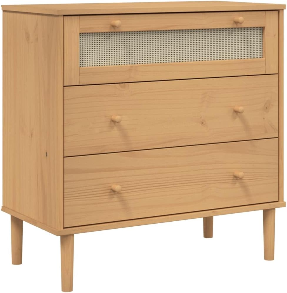 vidaXL - Stylish Drawer Cabinet SENJA, Brown Solid Pinewood with UV Varnish Finish, Fitted with Poly Rattan Drawer Fronts - 31.5"x15.7"x31.5"