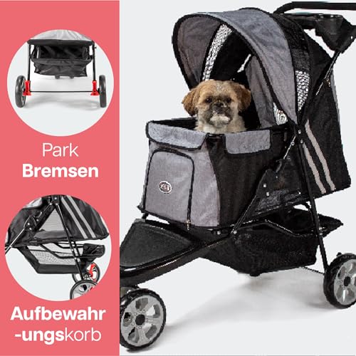 Hundebuggy Katzenbuggy - Innopet All Terrain Schwarz/Silber - Leichter 3 Rad Hundewagen - Räder pannensicher - Vorderad fixierbar Haustierwagen