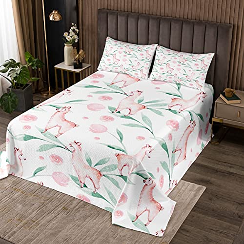 Llama Trapuntato Copriletto Set Singolo 170x230 cm Motivo Floreale e Rami Botanici