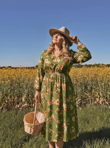 Image of TIYOMI Womens Plus Size Dresses Fall Long Sleeve Maxi Dresses V Neck Floral Spring Party Dress with Pockets XL-5XL (14W-28W)