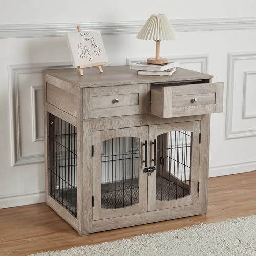 Dog Crate Furniture with Cushion,Wooden Dog Kennels Indoor with 2 Drawers,Dog Furniture Crate End Table with Storage, 23.6"L x 31.5"W x 32.1"H, Grey