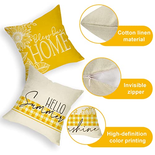 Ussap Hello Sweet Summer Sunflower Decorative Throw Pillow Covers 18 X 18 Set Of 4, Bless Our Home Sunshine Cushion Case Decor, Yellow Flowers Buffalo Plaid Farmhouse Seasonal Sofa Couch Decoration #TOP5