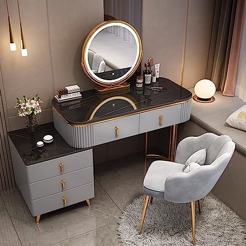 Escritorio de tocador con taburete, mesa de maquillaje expandible, juego de maquillaje de 5 cajones para espacios pequeños, espejo iluminado por LED, tocador moderno, organizador de maquillaje