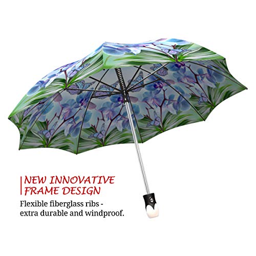 Fashion Umbrella Stylish Gift - Compact Automatic Rain Umbrella Butterfly Design Blue - Designer Umbrella Windproof Auto Open Close - Art Umbrella For Women - Vintage Umbrella Colourful Lightweight #TOP2