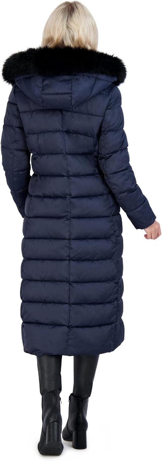 TAHARI Nellie Womens Removable Faux Fur Trim Long Down Coat Jacket Navy Size S - Image 6