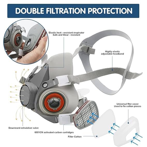 Image of Respirator Gas Mask Reusable Face Cover with Filters for Painting,Spraying,Wood-working,Construction,DIY and Protection Against Dust,Fumes