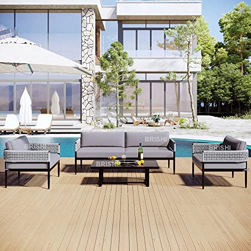 Image of BRISHI Outdoor Sofa Set | Balcony Sofa | Patio Furniture Sets | Conversation Sets | Braid & Rope Garden (4 Seater- Light Grey.)